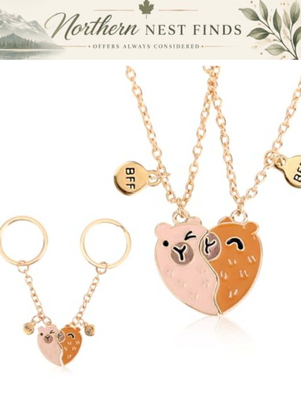 Capybara Friendship Necklace & Keychain Set Zinc Alloy Heart Charm BFF Gift